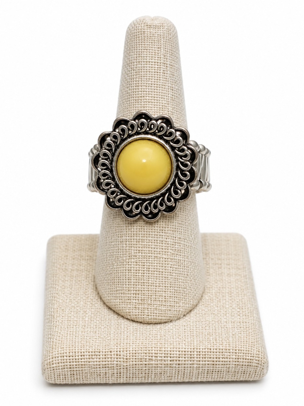 Silver Tone Adjustable Stretch Ring Size 8-10 Yellow Dome Statement Fashion Ring